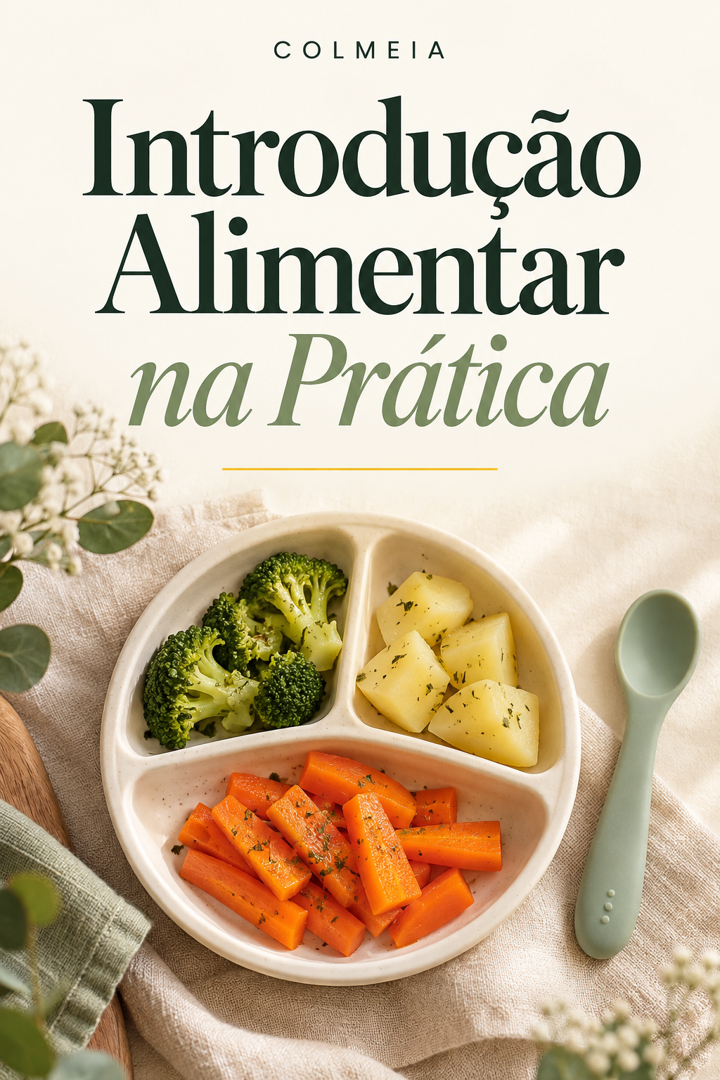 Capa do guia Introdução Alimentar na Prática, da Colmeia, com uma refeição e colher verde.