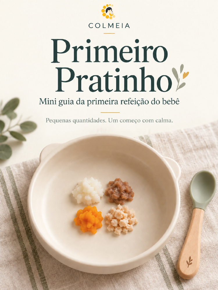 Capa real do Primeiro Pratinho, com a logo da Colmeia e pequenas porções em um prato quase vazio.