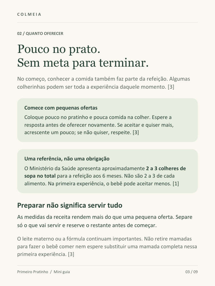 Página 3 do guia: pequenas ofertas, referência de quantidade total e manutenção do leite materno ou fórmula.